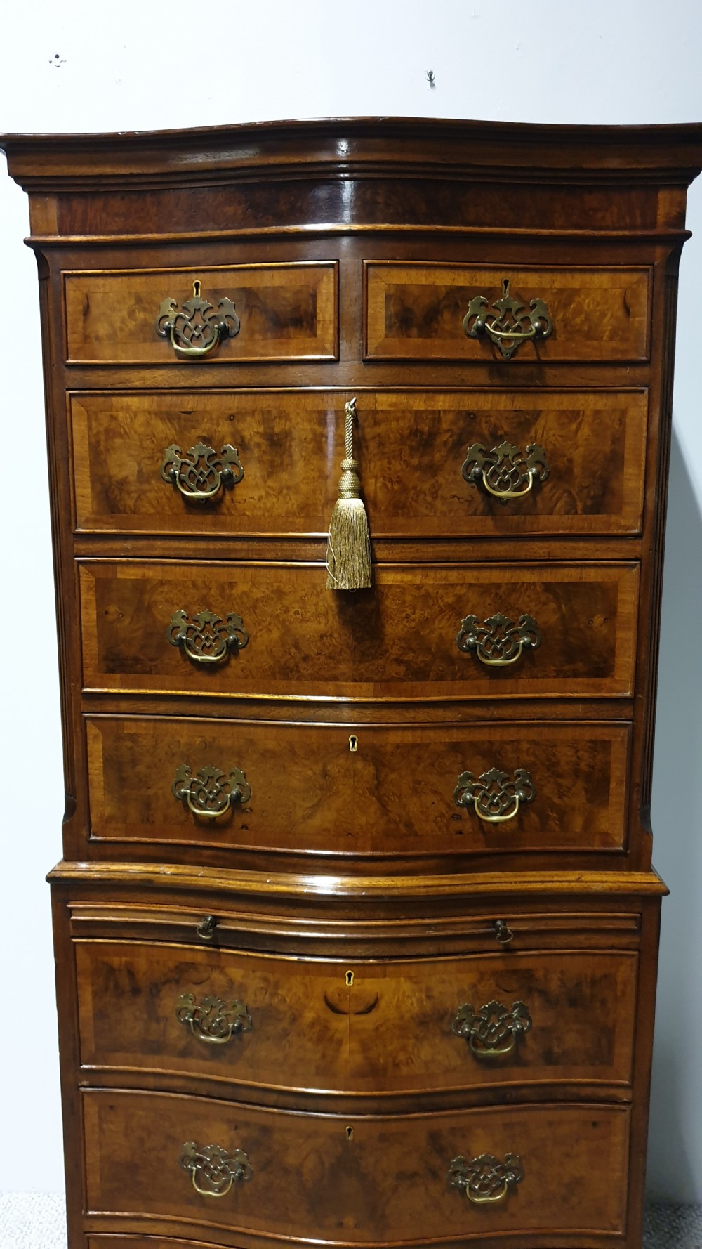 Burr Walnut Chest on Chest of Drawers View V