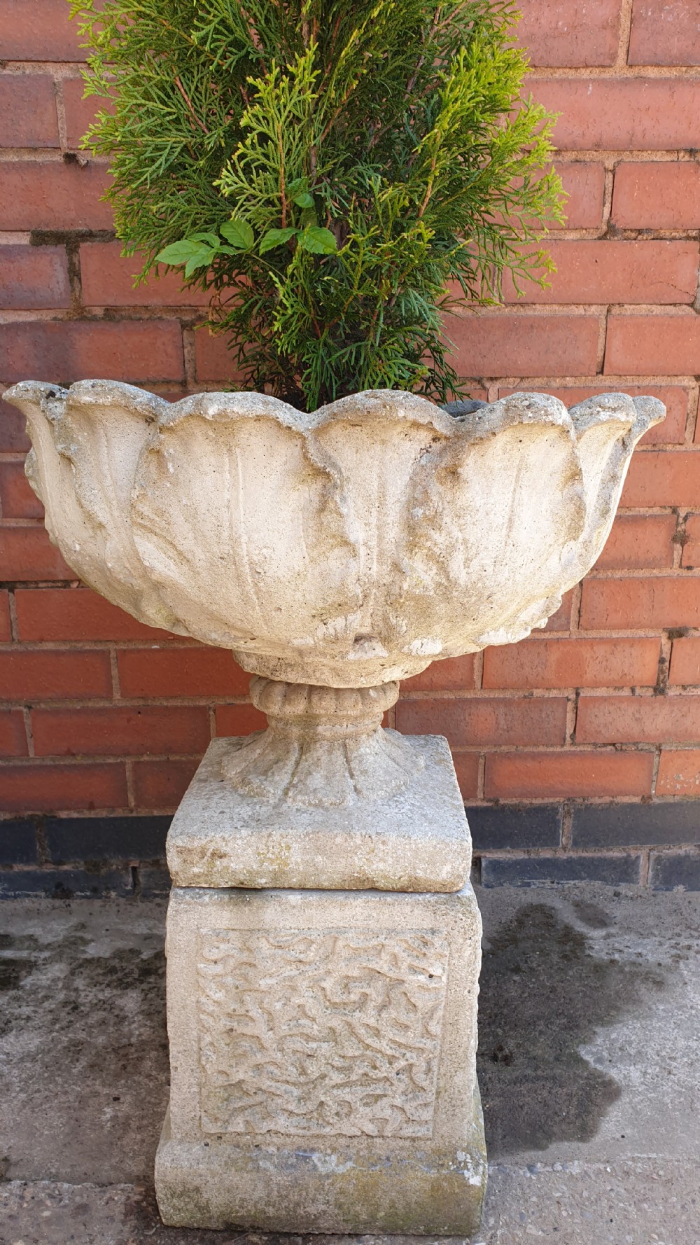Pair Garden Urns on Plinths View III