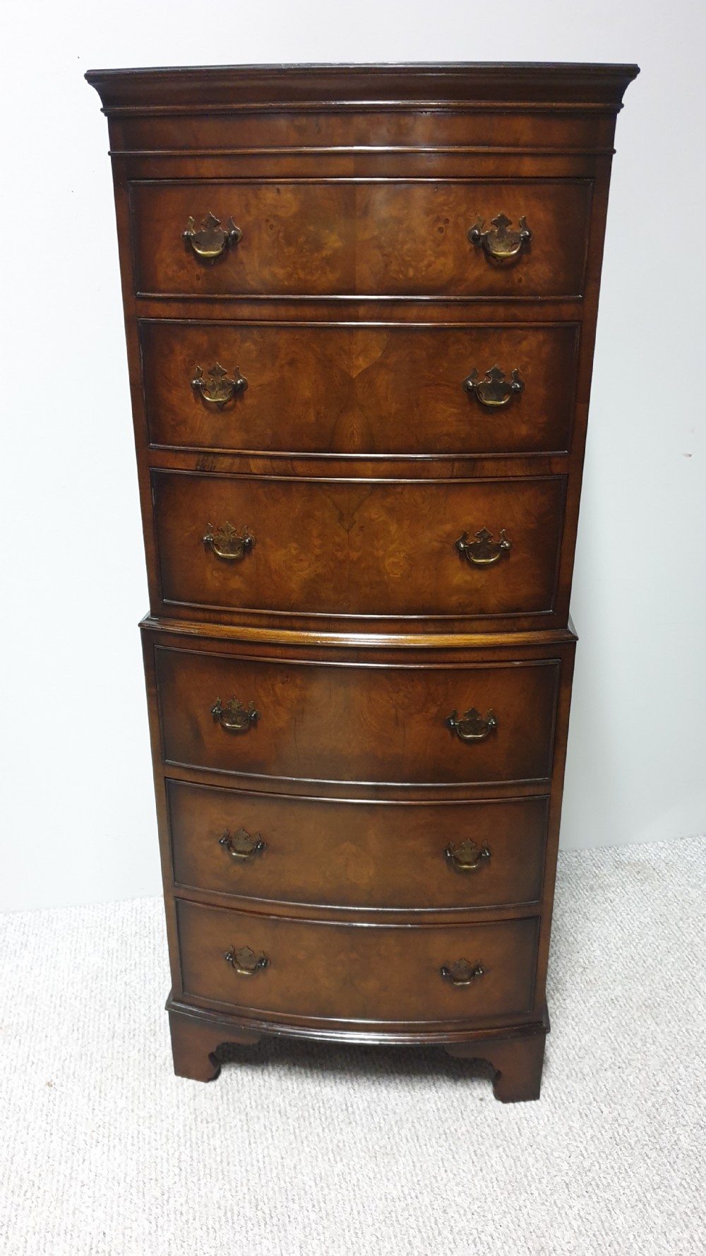 Burr Walnut Chest on Chest of Drawers View II