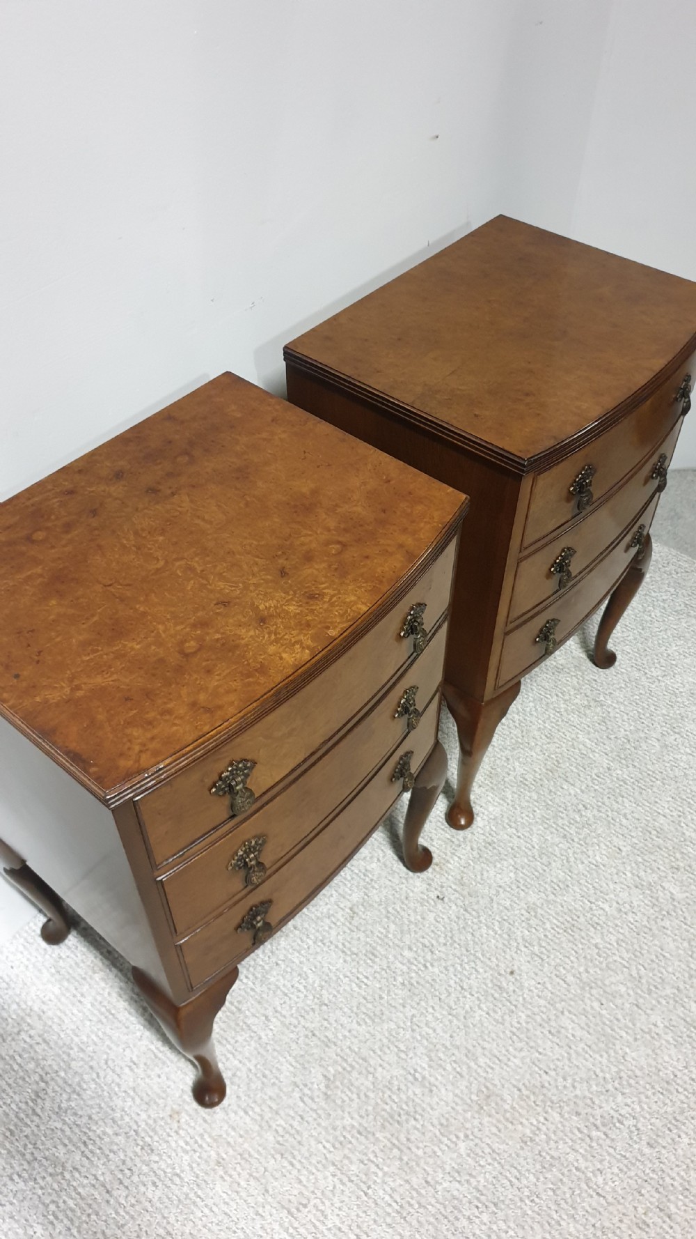 Pair Burr Walnut Bedside Lamp Chests of Drawers View III