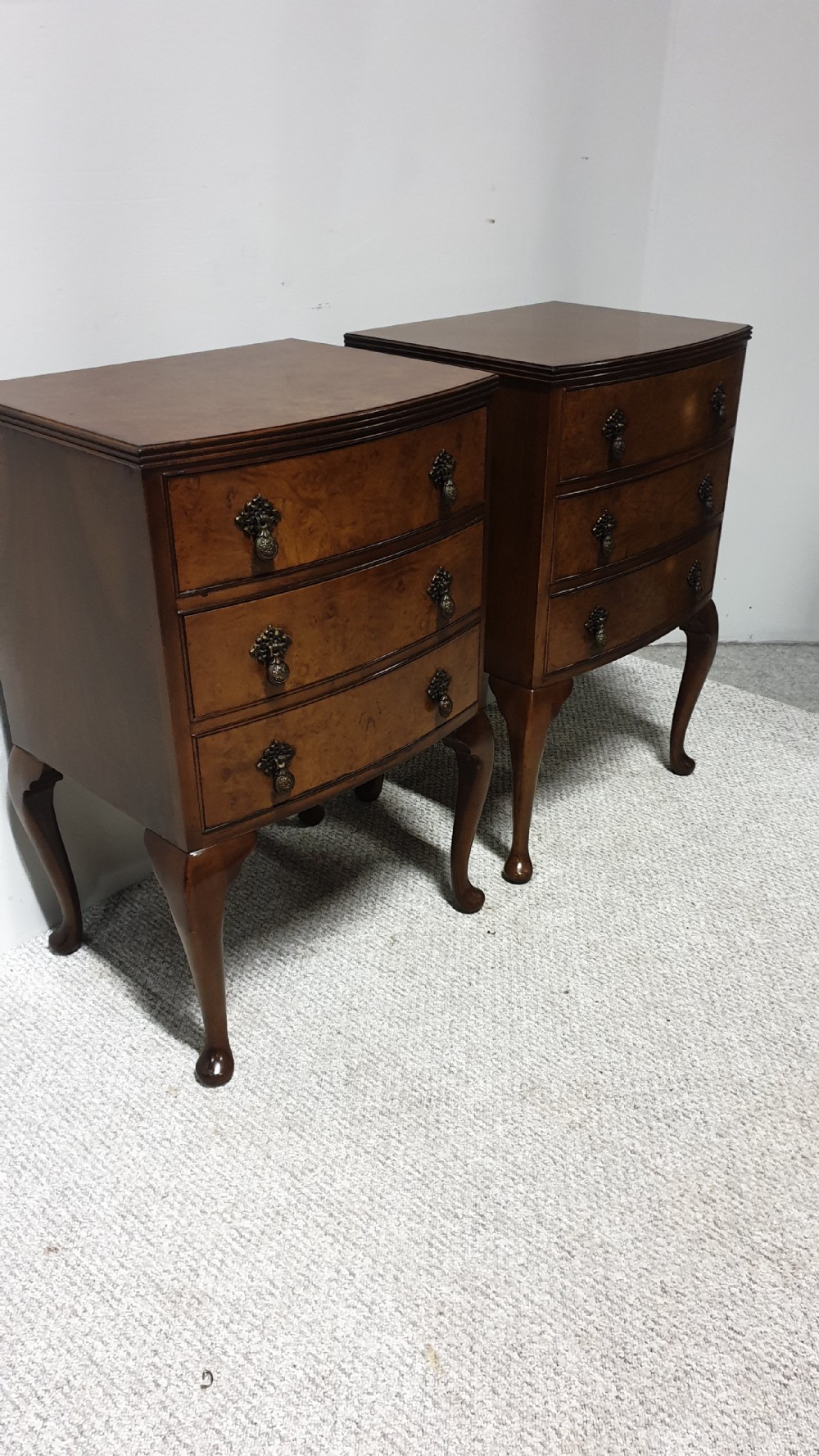 Pair Burr Walnut Bedside Lamp Chests of Drawers View V