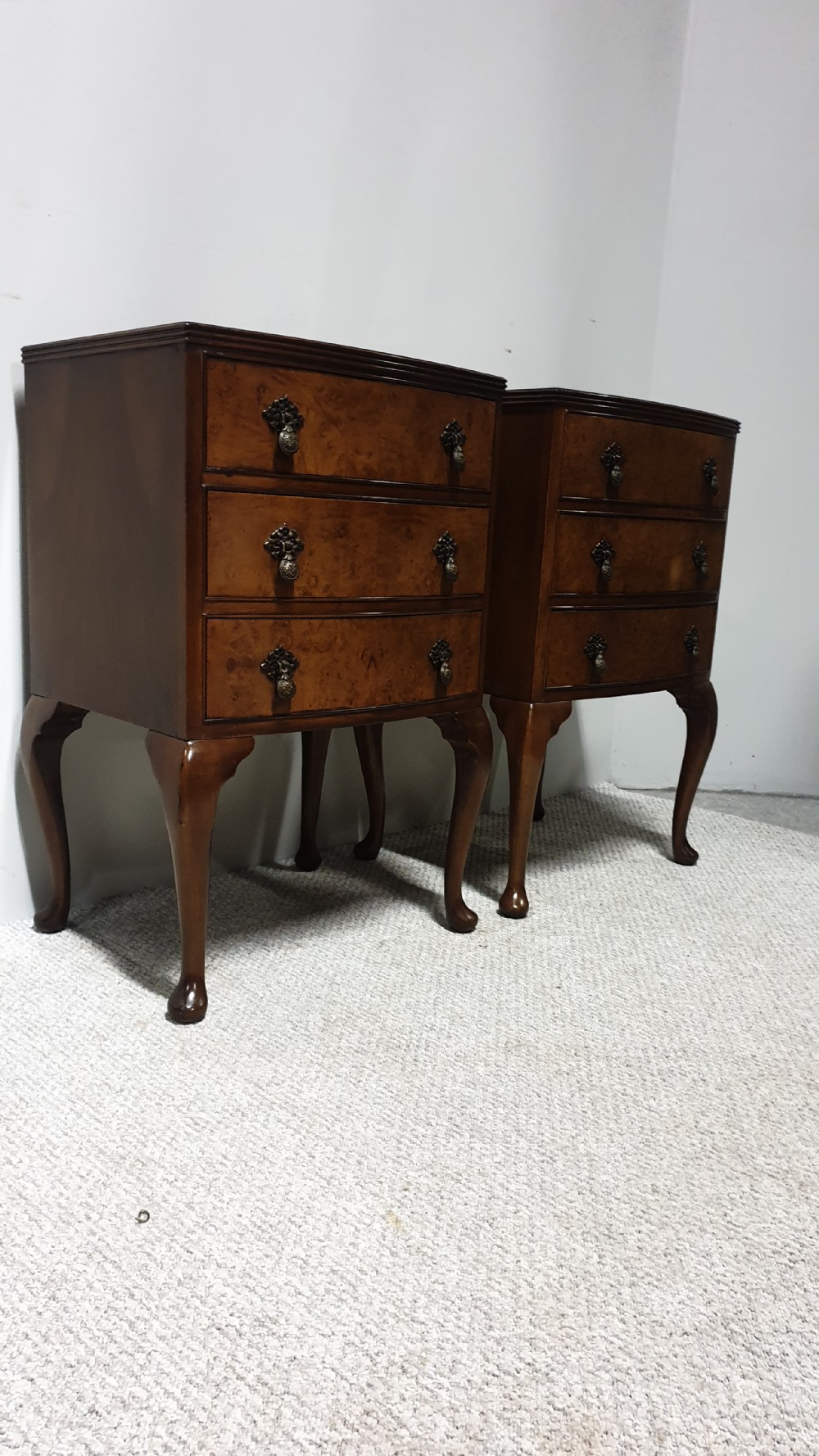 Pair Burr Walnut Bedside Lamp Chests of Drawers View VI