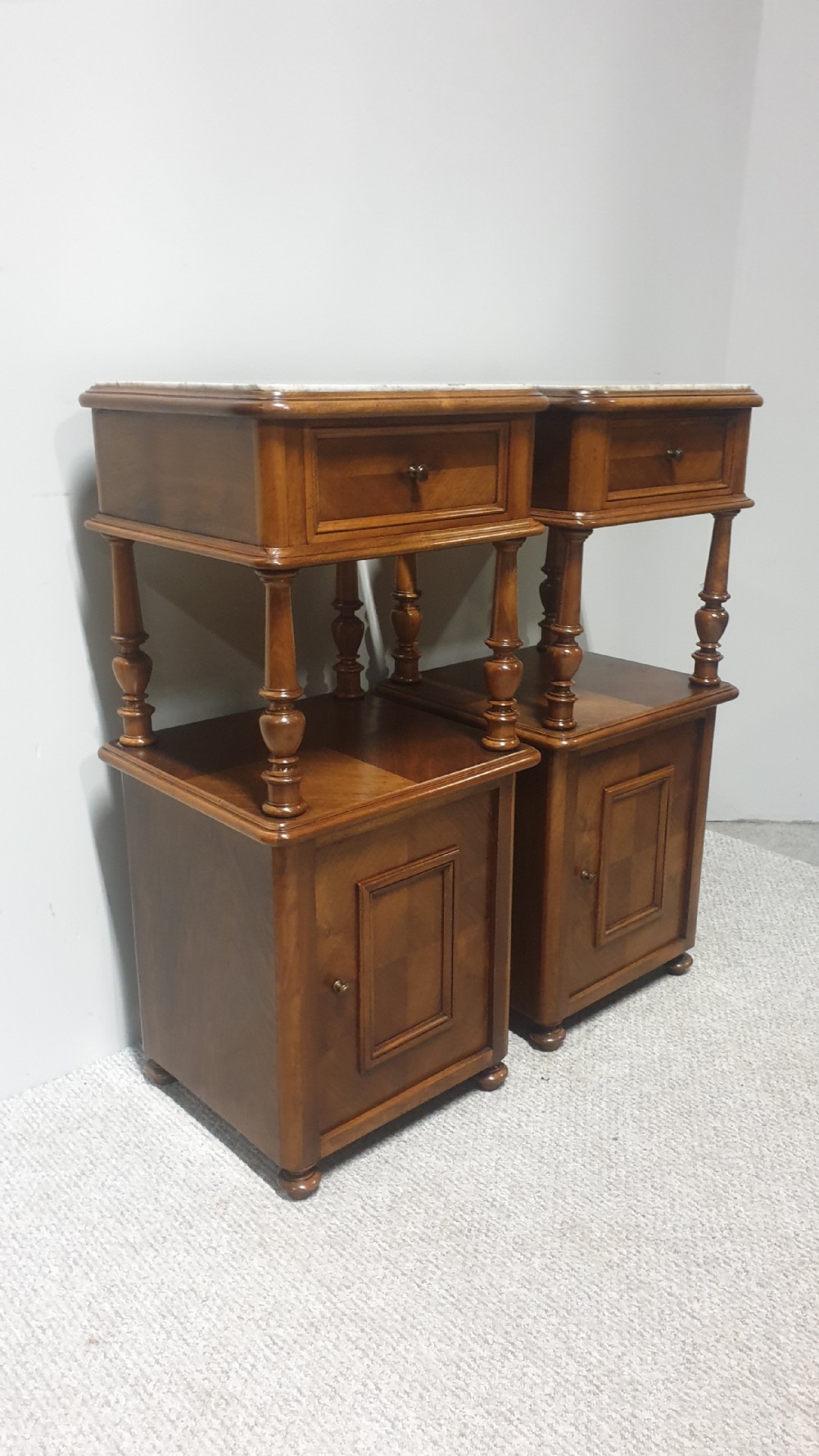 Pair French Walnut Bedside Lamp Cabinets View II