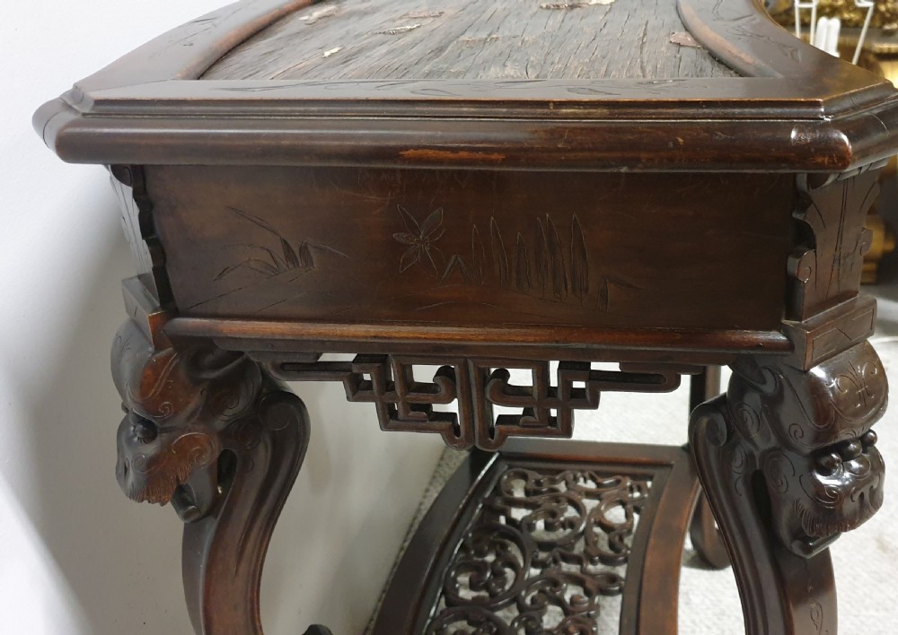 A dark brown Japanese lacquered work table featuring carved dragon head knees, a pierced apron, and a lower openwork shelf. View IX