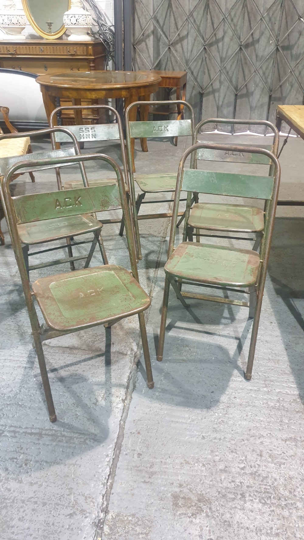 Six Metal Folding Dining Chairs