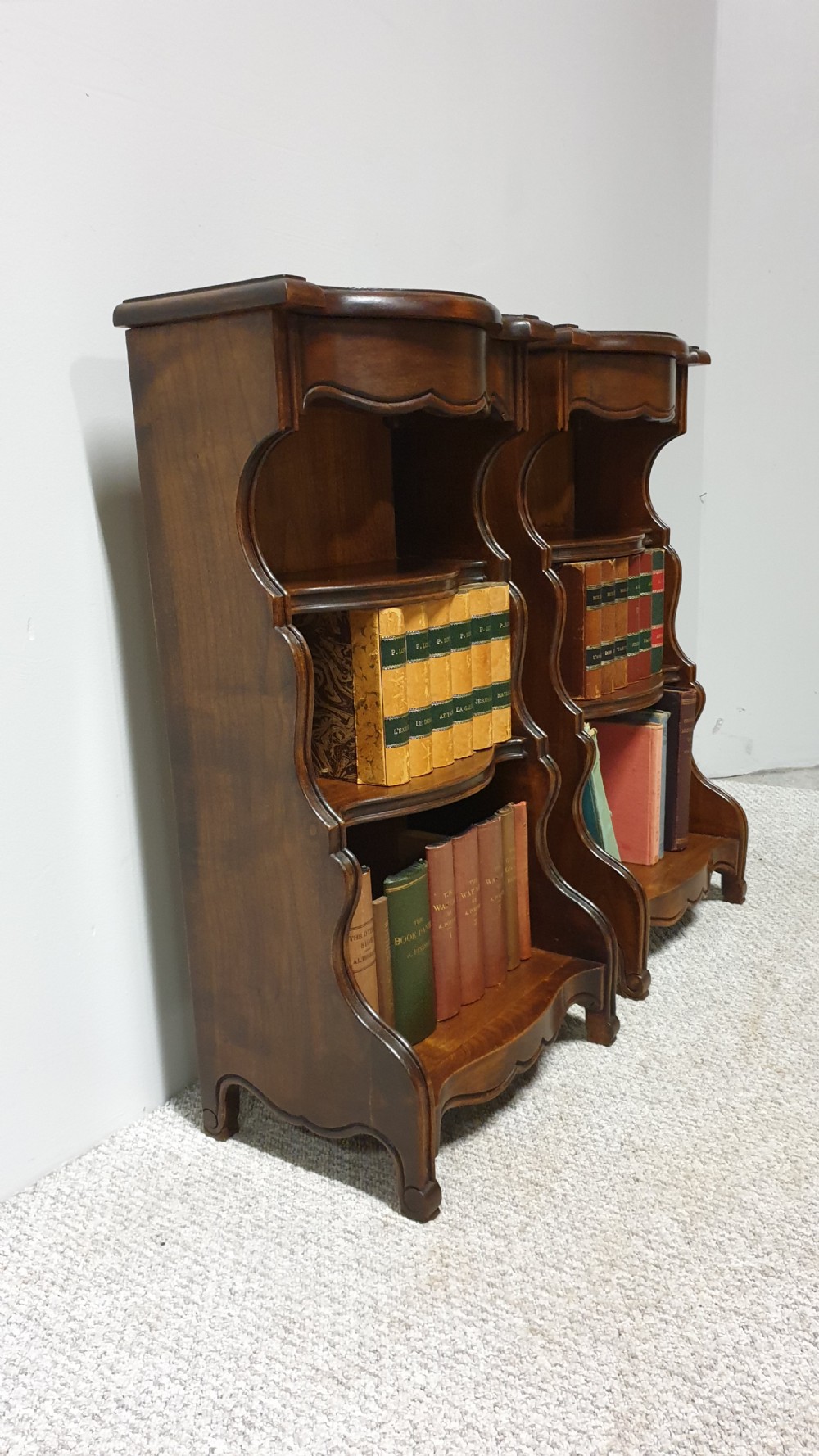 Dwarf Pair Walnut Waterfall Bookcases View V