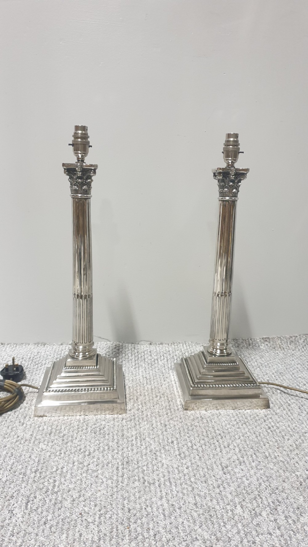 Wonderful Pair Corinthian Silver Column Lamps