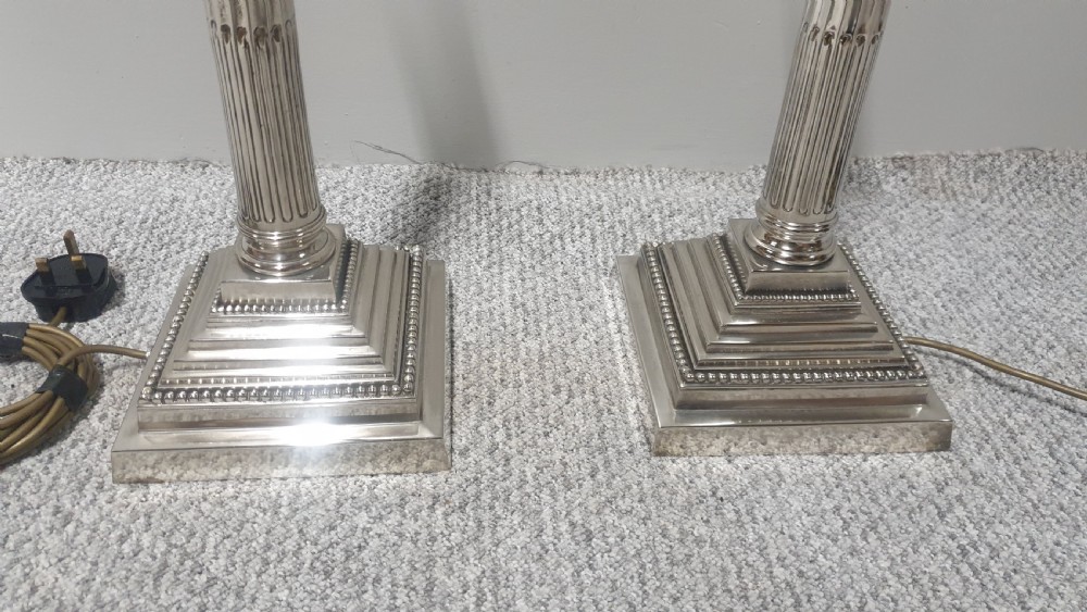 Wonderful Pair Corinthian Silver Column Lamps View II