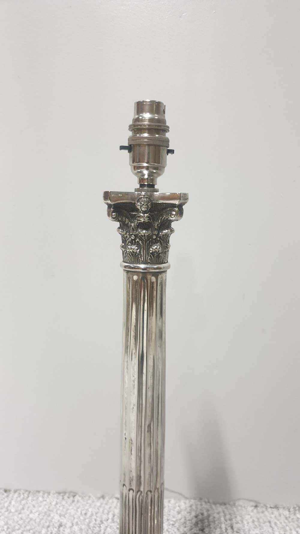 Wonderful Pair Corinthian Silver Column Lamps View III