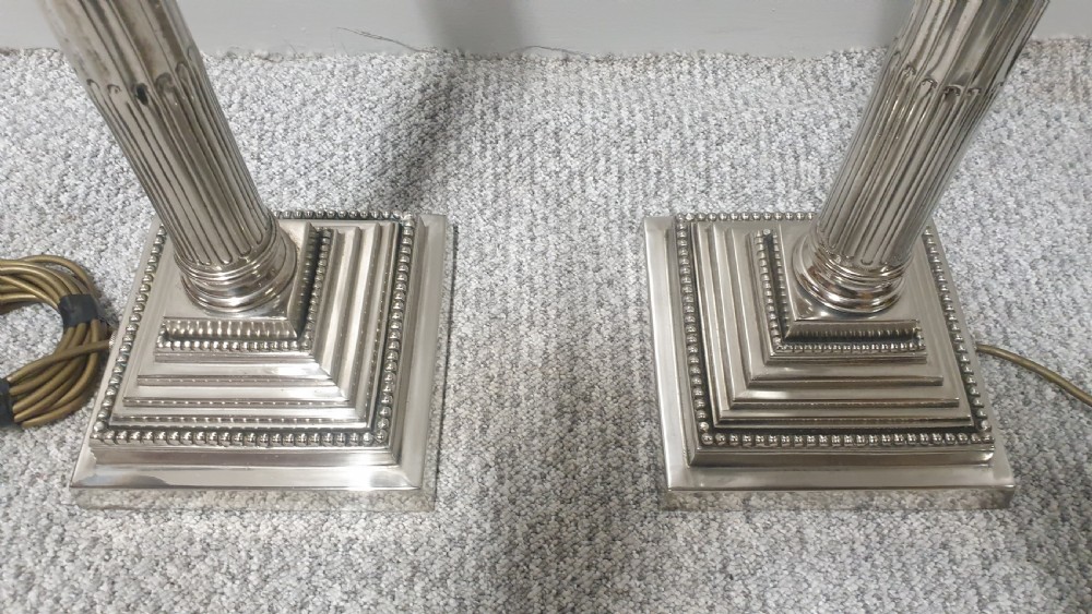 Wonderful Pair Corinthian Silver Column Lamps View VII
