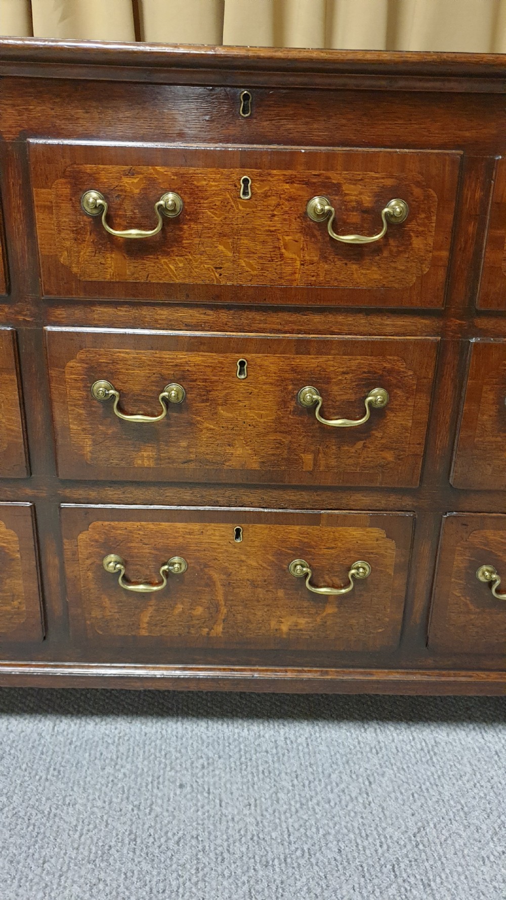 A dark oak Georgian Lancashire coffer featuring nine fielded panel drawer fronts with brass swan-neck handles and a hinged top lid resting on ogee bracket feet. View III