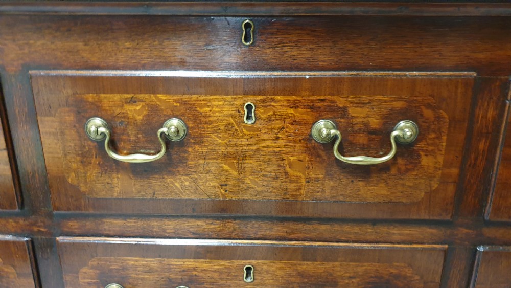 A dark oak Georgian Lancashire coffer featuring nine fielded panel drawer fronts with brass swan-neck handles and a hinged top lid resting on ogee bracket feet. View V
