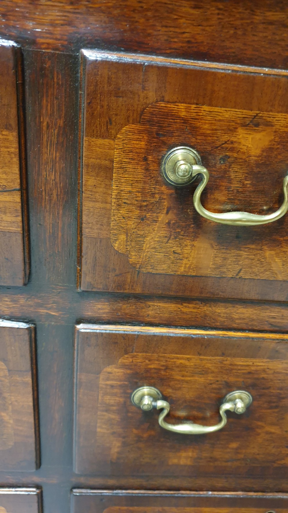 A dark oak Georgian Lancashire coffer featuring nine fielded panel drawer fronts with brass swan-neck handles and a hinged top lid resting on ogee bracket feet. View VI