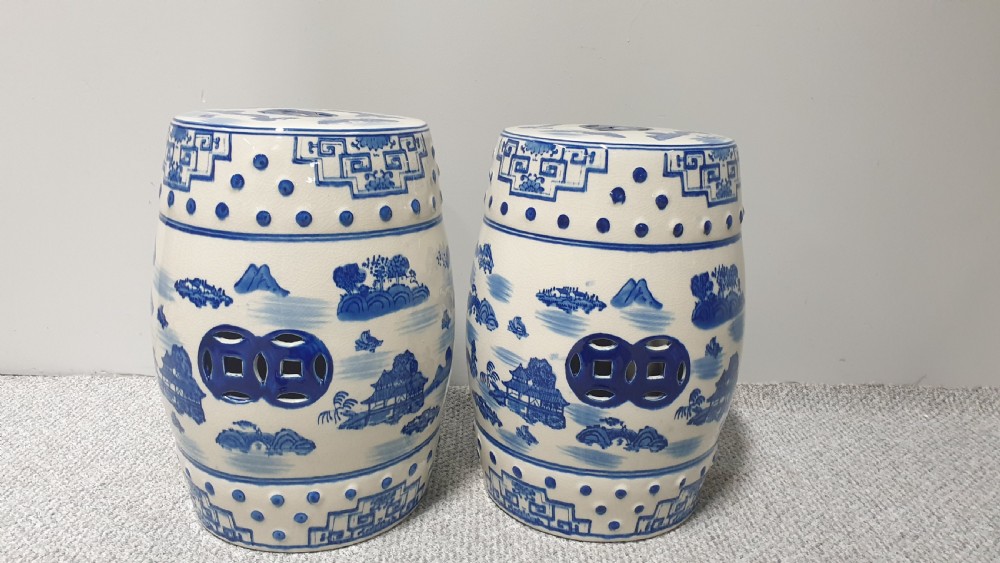 Pair Chinese Willow Pattern Garden Seats