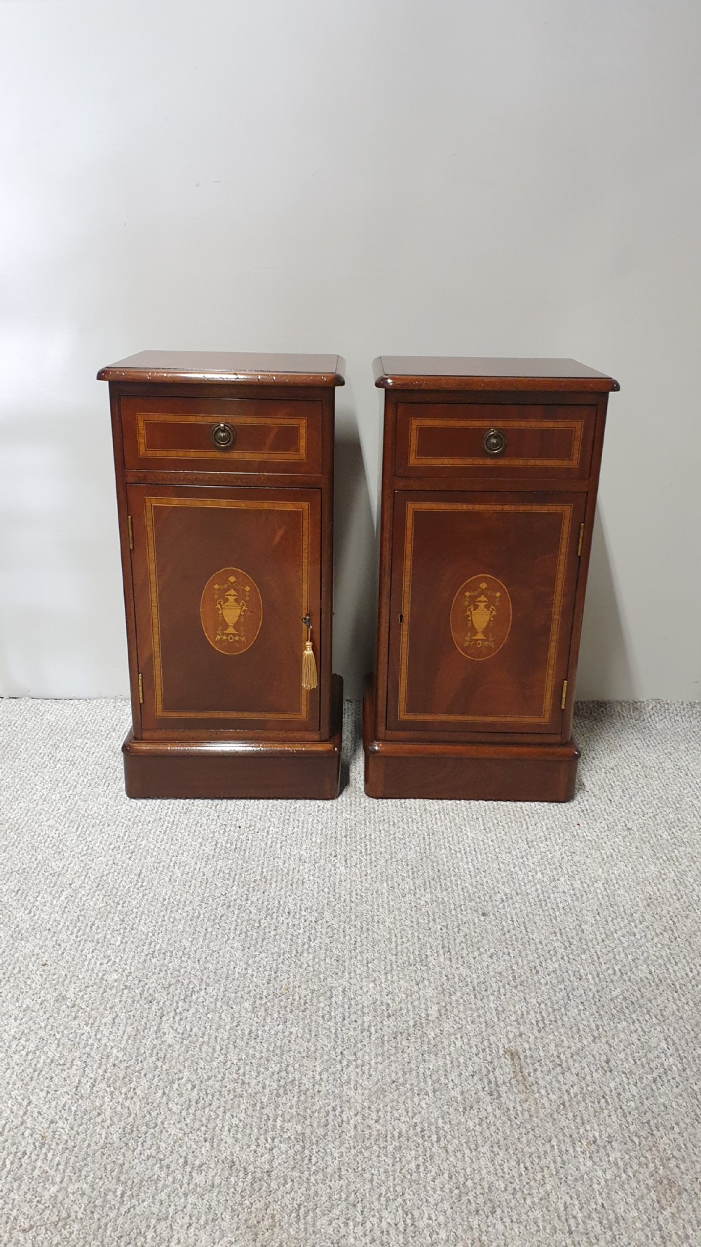Pair Mahogany Inlaid Bedside Lamp Cabinets View II