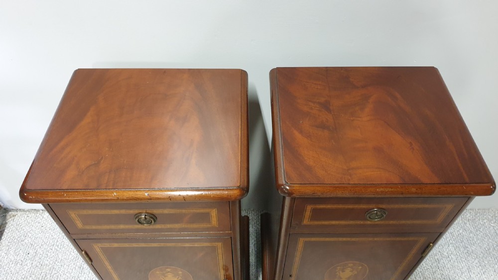 Pair Mahogany Inlaid Bedside Lamp Cabinets View III