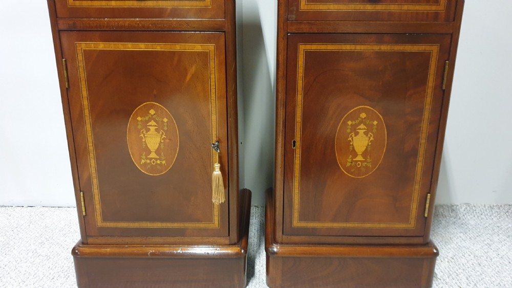 Pair Mahogany Inlaid Bedside Lamp Cabinets View VI