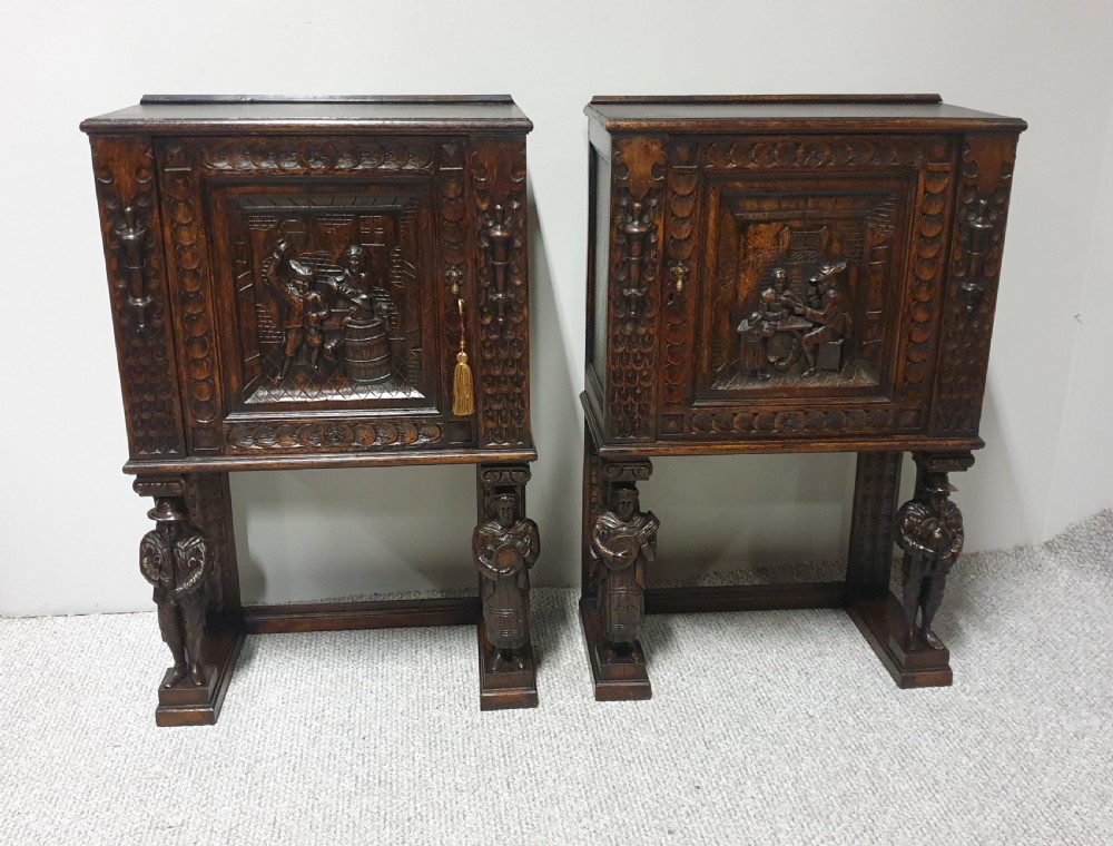 Superb Pair Oak Carved Cabinets