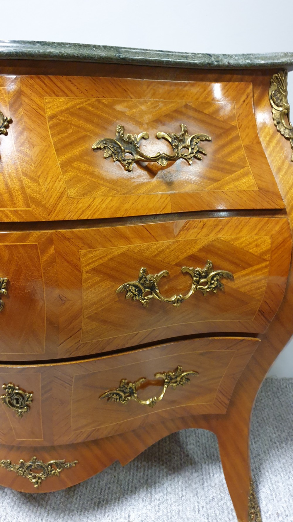 Fab French Parquetry Bombe Commode Chest of Drawers View VII