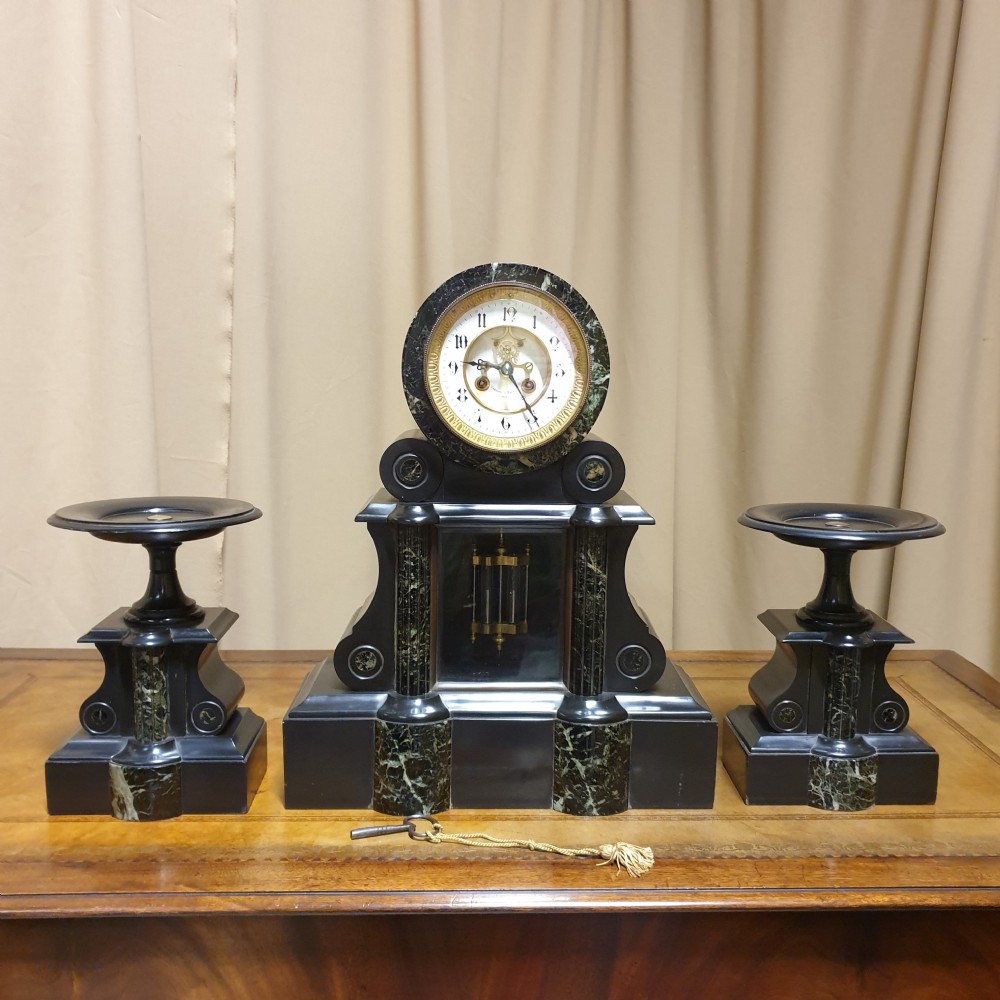 Wonderful French Slate and Marble Clock Garniture