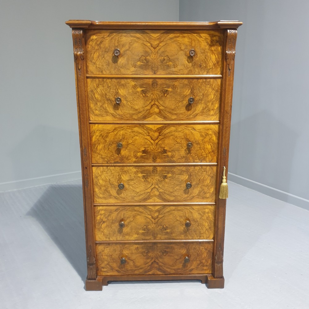 Outstanding Burr Walnut Wellington Chest of Drawers