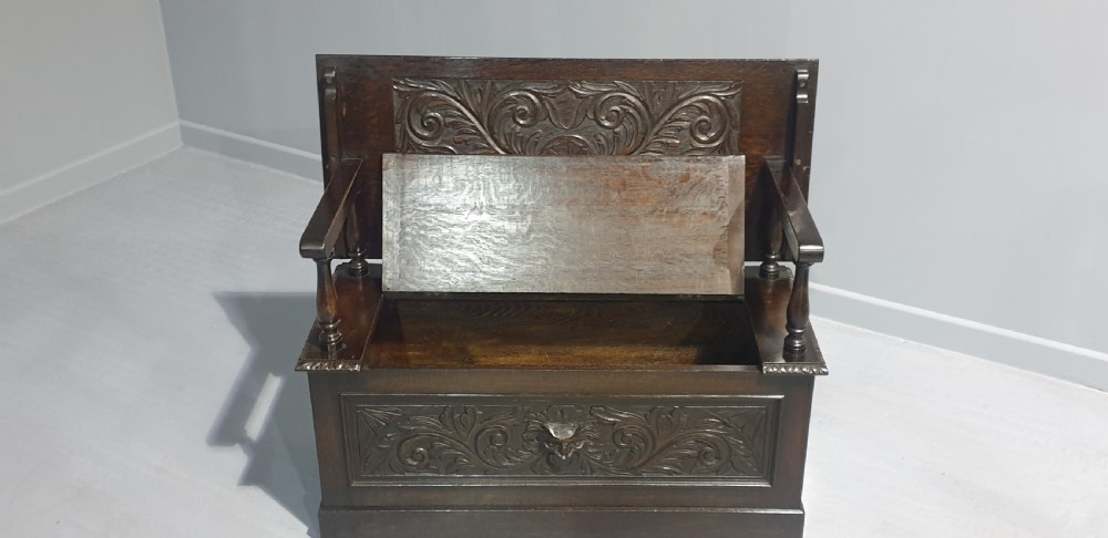 Excellent Green Man Oak Monks Bench View III