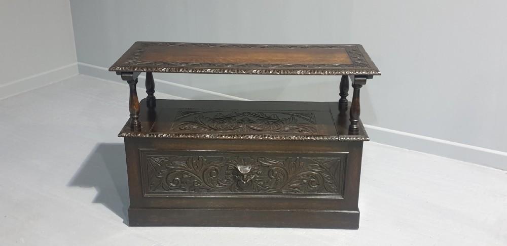 Excellent Green Man Oak Monks Bench View V