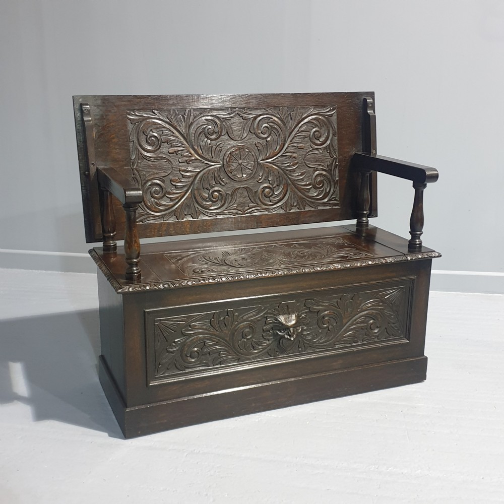 Excellent Green Man Oak Monks Bench