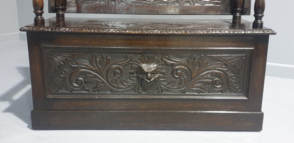 Excellent Green Man Oak Monks Bench View II