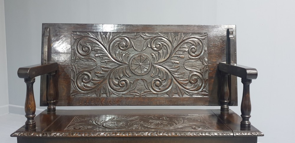 Excellent Green Man Oak Monks Bench View X