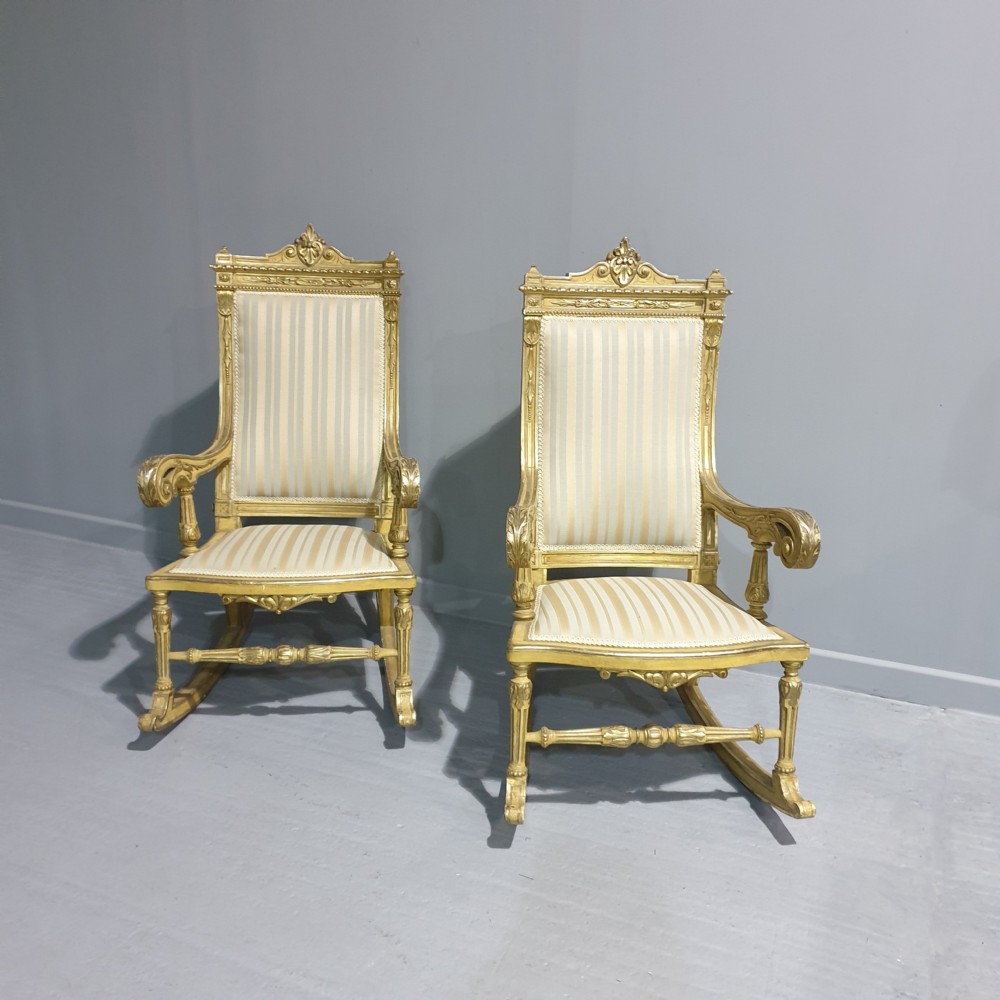 Pair Regency Painted and Parcel Gilt Rocking Chairs