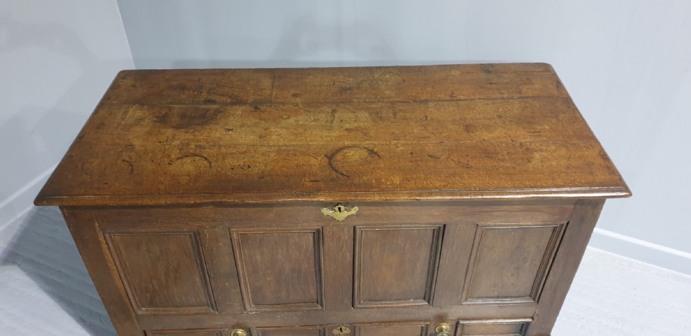 A 17th-century dark oak mule chest featuring four recessed front panels, a bottom drawer with brass knobs, central brass escutcheons, and turned bun feet. View II