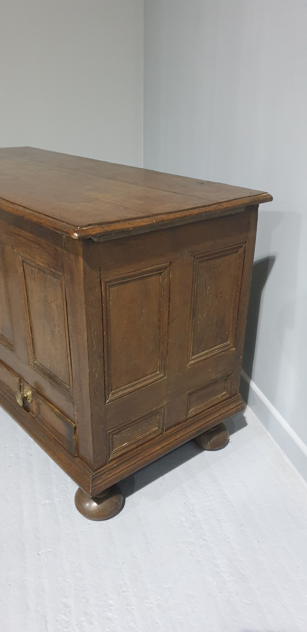 A 17th-century dark oak mule chest featuring four recessed front panels, a bottom drawer with brass knobs, central brass escutcheons, and turned bun feet. View III