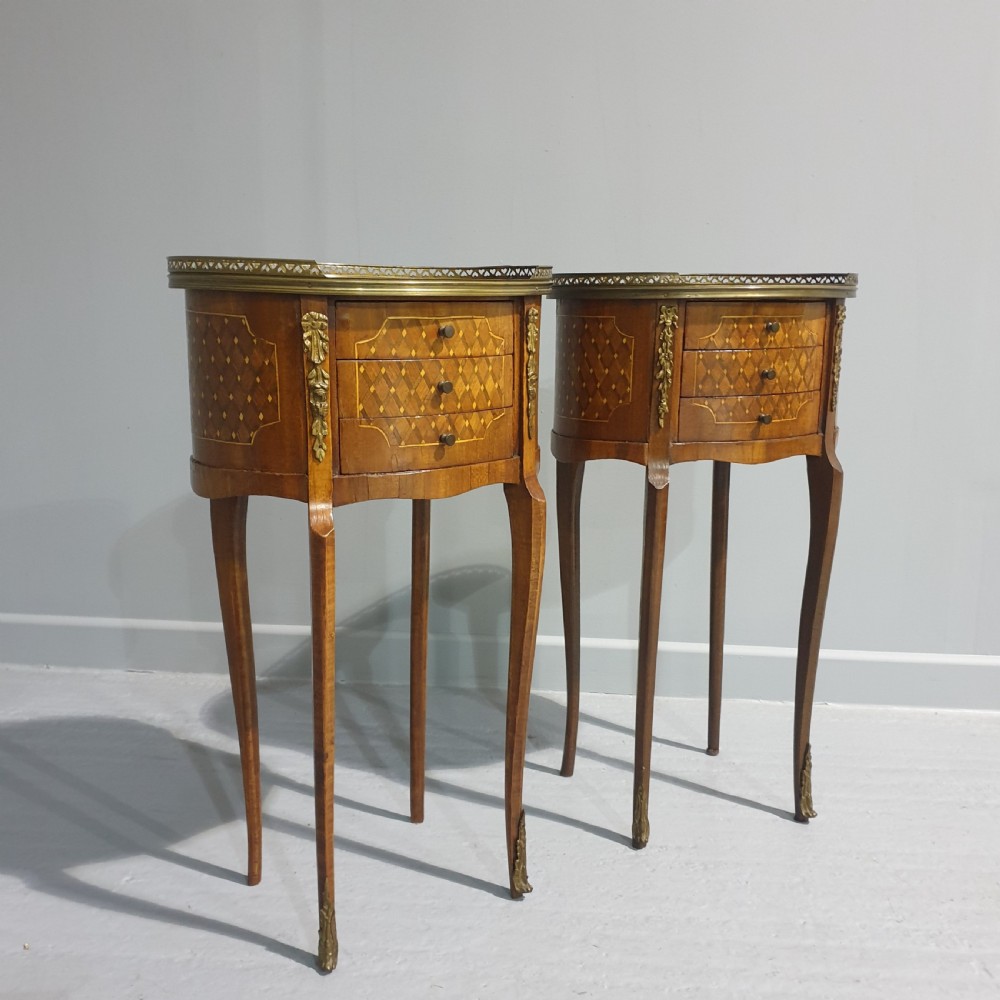 Pair French Oval Parquetry Bedside Lamp Tables View II