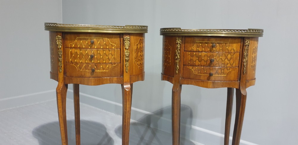 Pair French Oval Parquetry Bedside Lamp Tables View III
