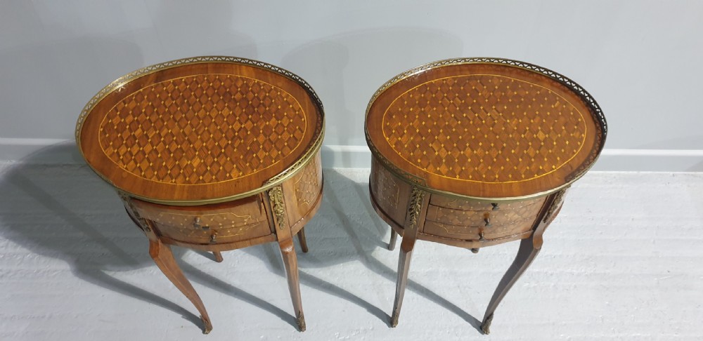 Pair French Oval Parquetry Bedside Lamp Tables View V