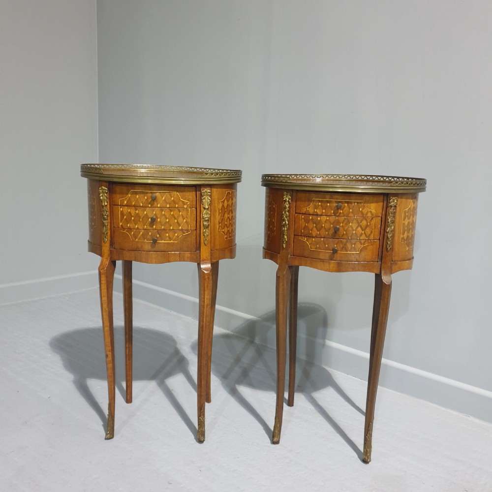 Pair French Oval Parquetry Bedside Lamp Tables
