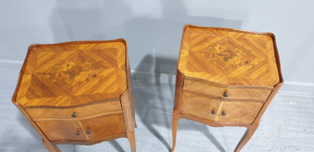Superb Pair French Marquetry Bedside Lamp Cabinets View III