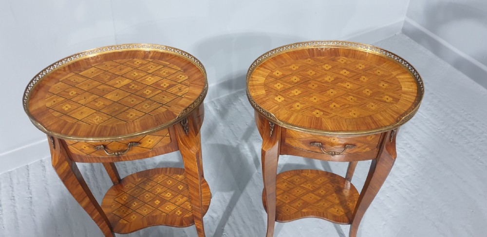 Superb Near Pair Oval Marquetry Bedside Lamp Tables View II