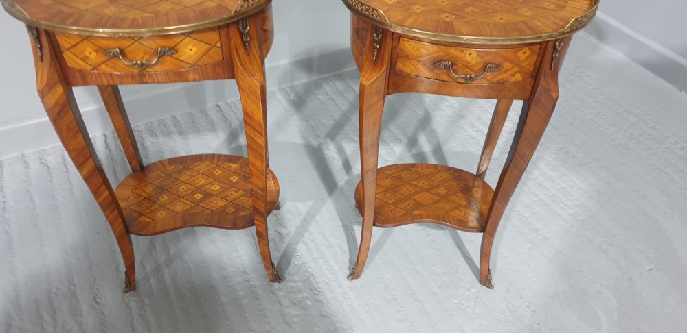 Superb Near Pair Oval Marquetry Bedside Lamp Tables View III