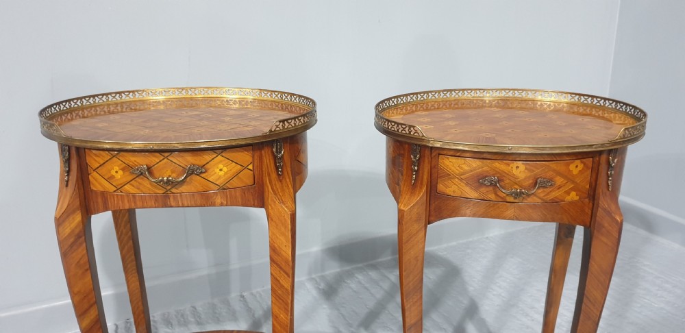 Superb Near Pair Oval Marquetry Bedside Lamp Tables View IV