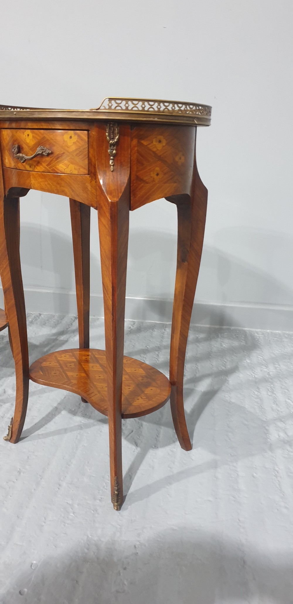 Superb Near Pair Oval Marquetry Bedside Lamp Tables View V