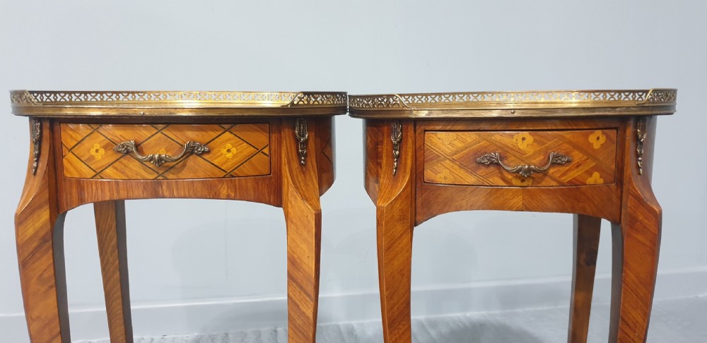 Superb Near Pair Oval Marquetry Bedside Lamp Tables View IX
