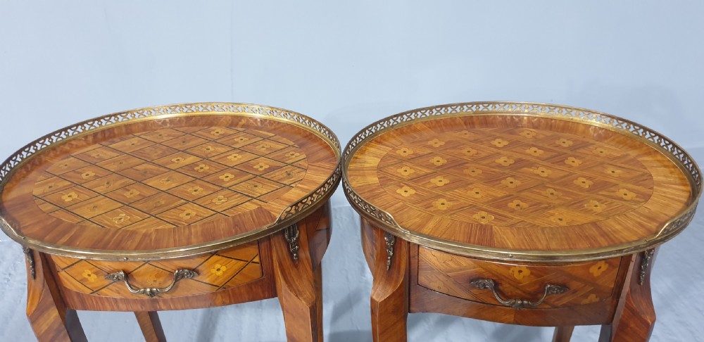 Superb Near Pair Oval Marquetry Bedside Lamp Tables View X