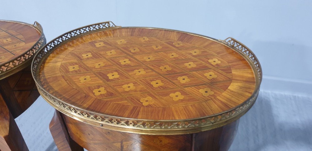 Superb Near Pair Oval Marquetry Bedside Lamp Tables View XIV