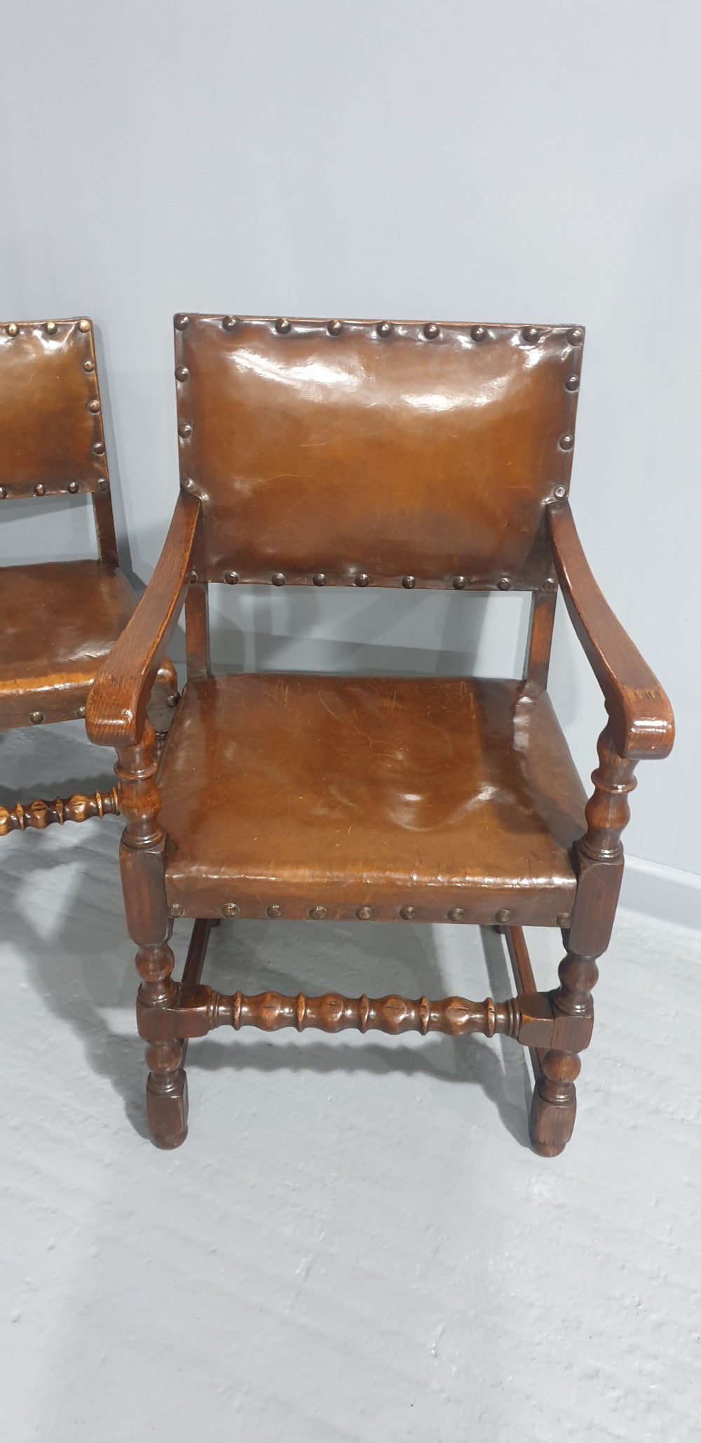 Seat Six Oak and Hide Covered Dining Chairs View V