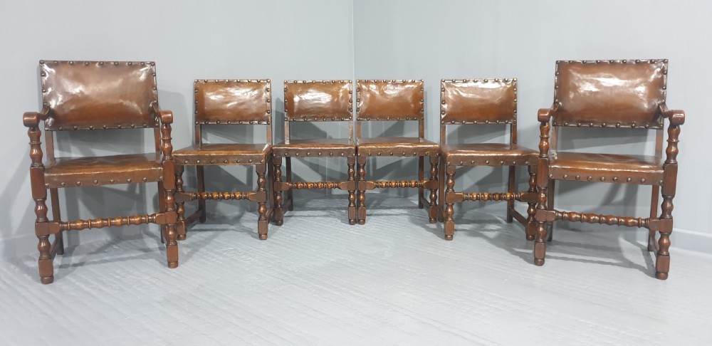 Seat Six Oak and Hide Covered Dining Chairs View VIII