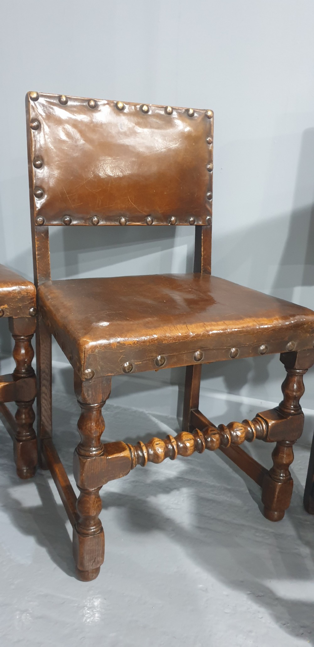 Seat Six Oak and Hide Covered Dining Chairs View XI