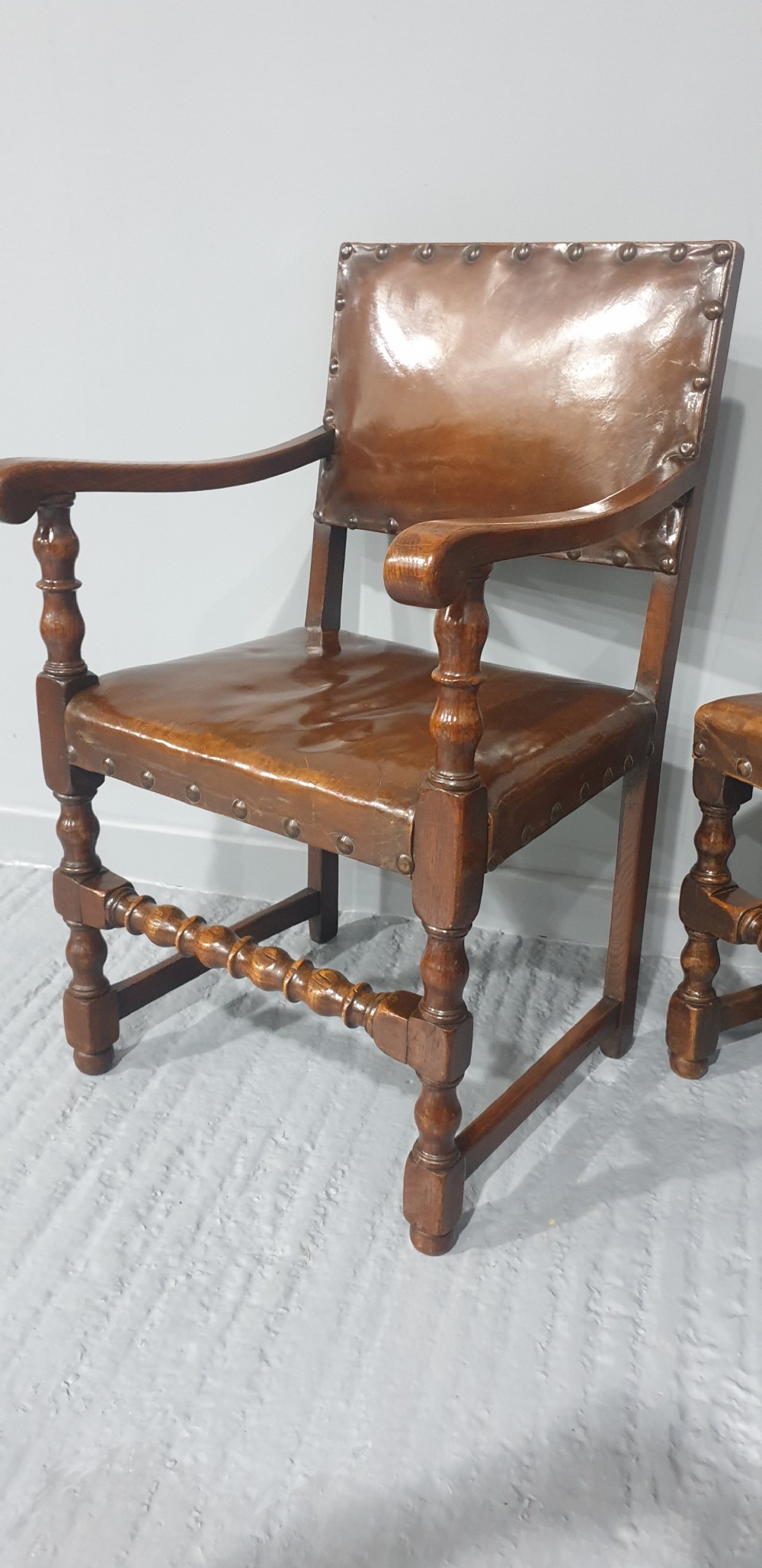 Seat Six Oak and Hide Covered Dining Chairs View XII