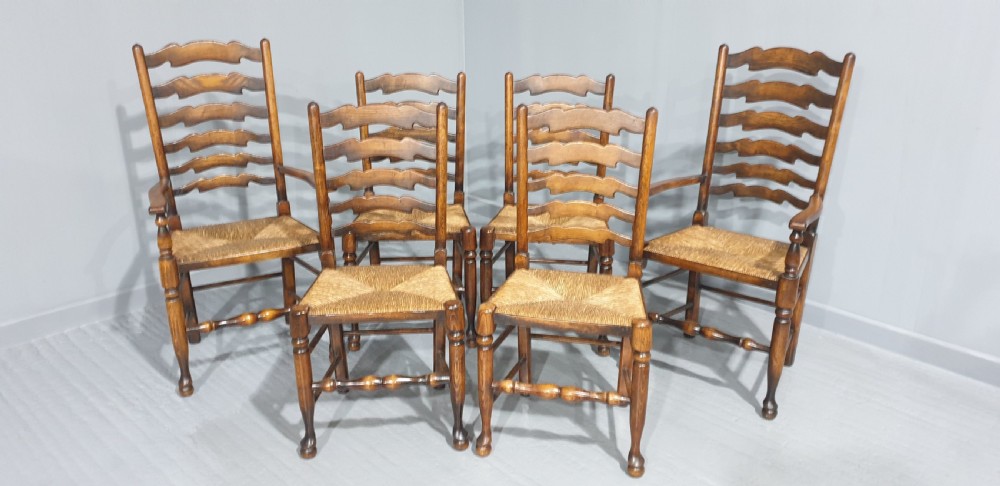 Good Set Six Oak Ladder Back Dining Chairs View II